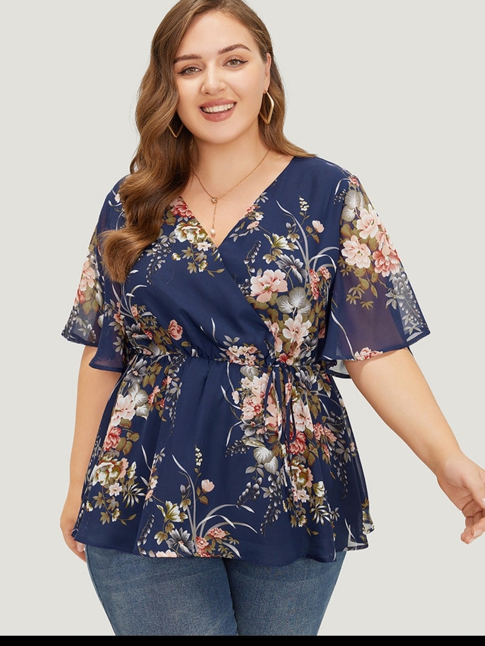 BloomChic Navy Floral V-Neck Tie-Waist Blouse